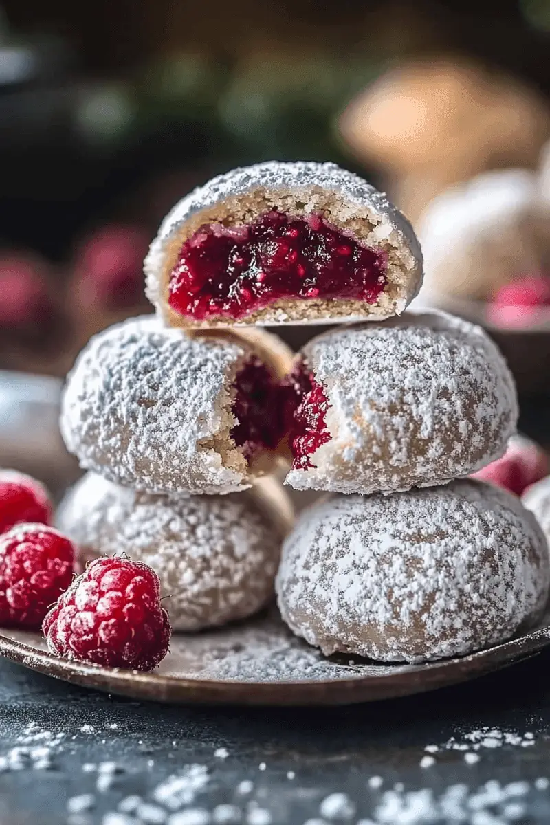 Raspberry Almond Snowball Cookies