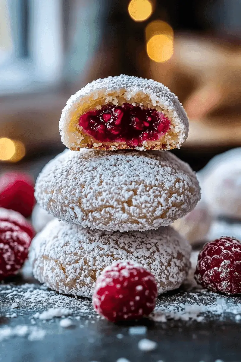 Raspberry Almond Snowball Cookies