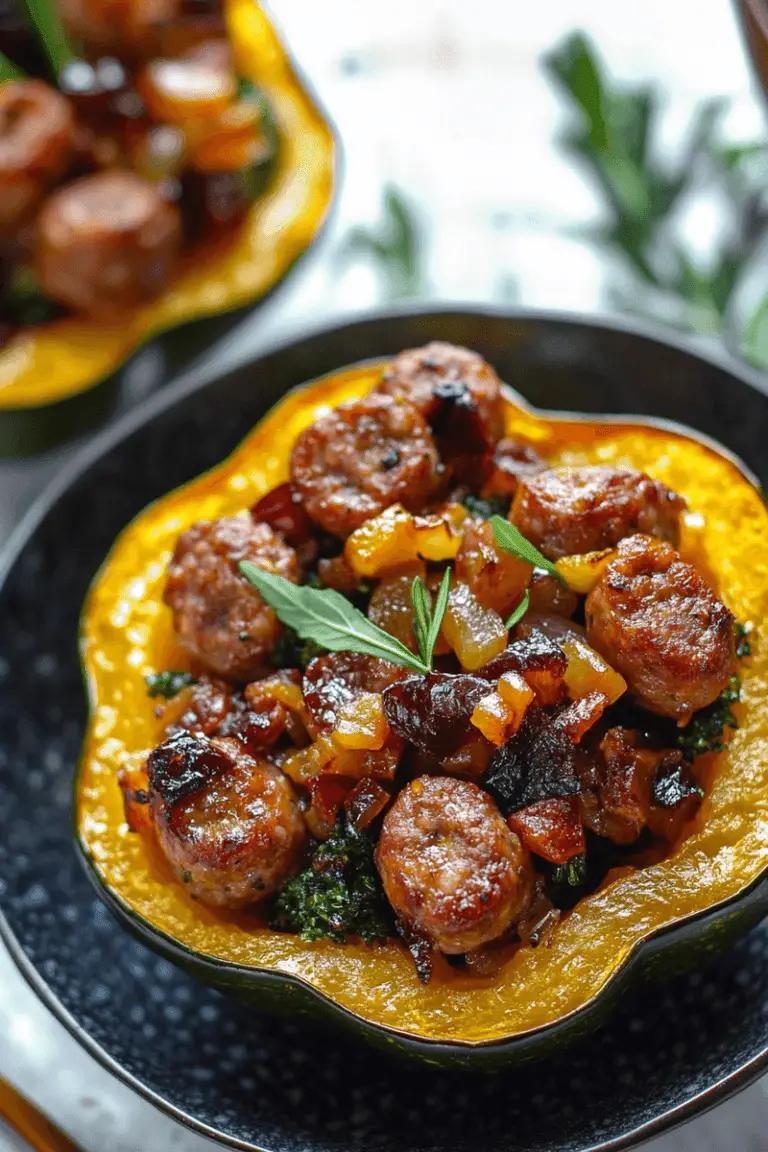 sausage-filled acorn squash, stuffed acorn squash with sausage, savory acorn squash recipe