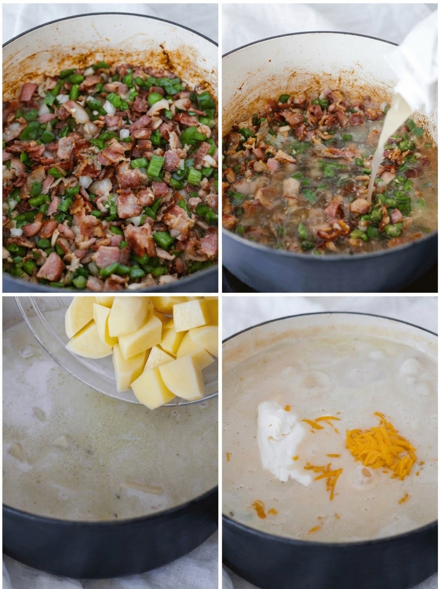 4-photo collage of the jalapeno popper soup being prepared, step-by-step.